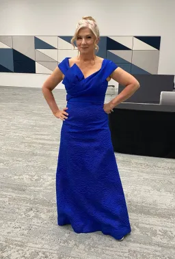 Terri Jon off-the-shoulder jacquard cobalt blue gown  for rent on The Volte - image 2