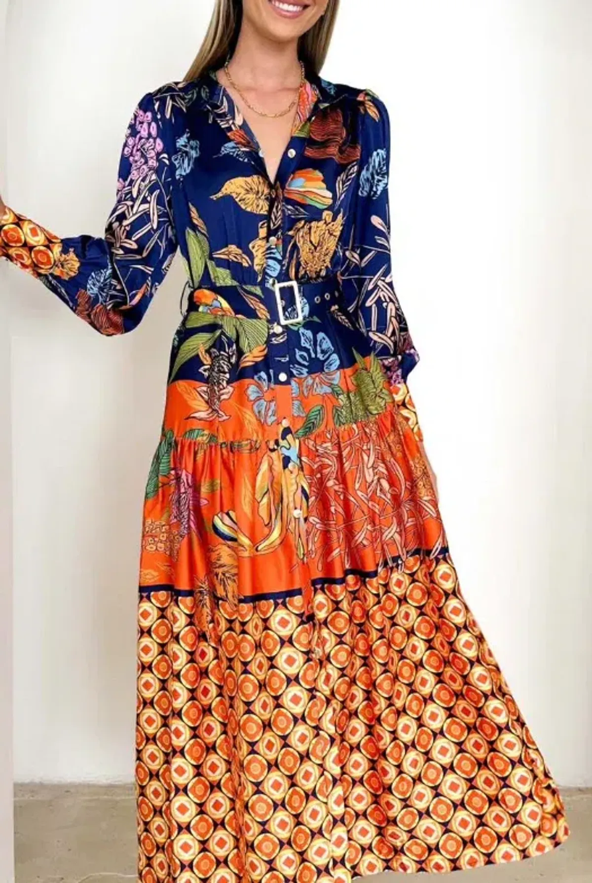 Gingham & Heels satin midi dress navy & orange sz 14 - Image 1