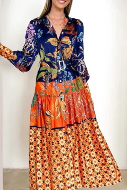 Gingham & Heels satin midi dress navy & orange sz 14 for rent on The Volte - image 1