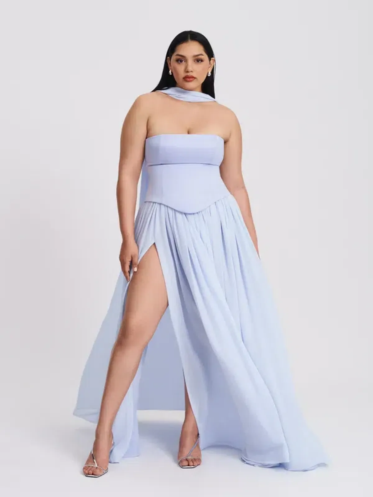 Qianna Baby Blue Peplum Drop Waist Chiffon Gown - Image 6
