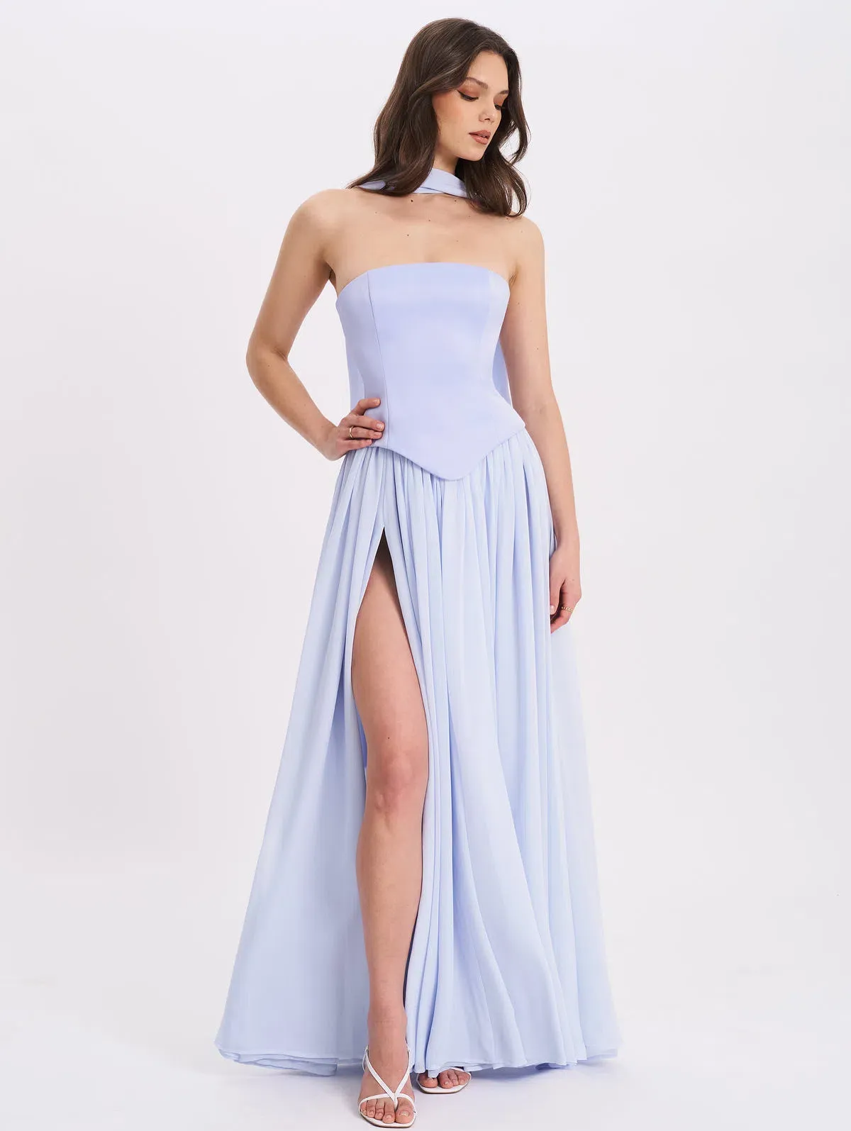Qianna Baby Blue Peplum Drop Waist Chiffon Gown - Image 8