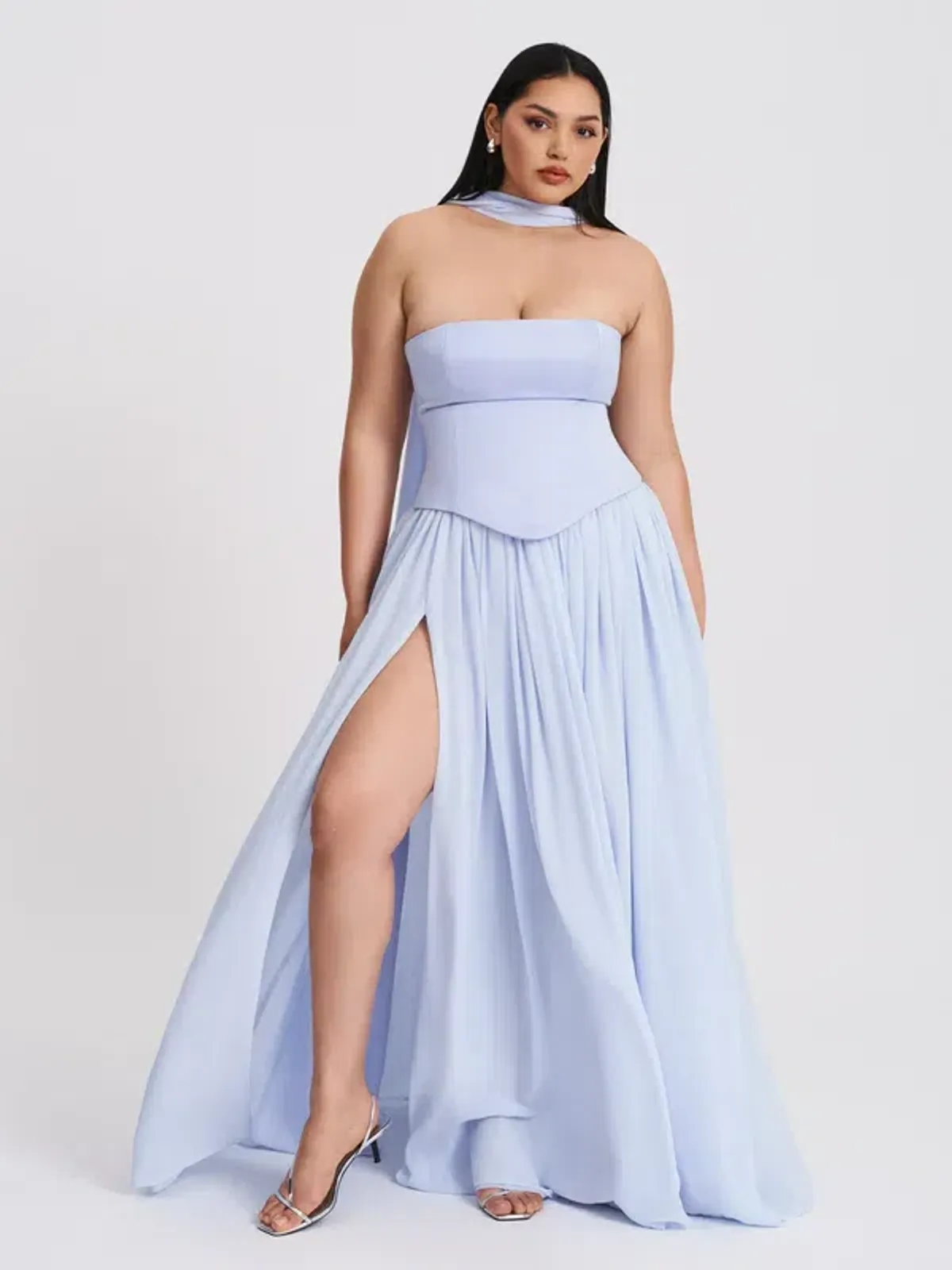Qianna Baby Blue Peplum Drop Waist Chiffon Gown - Image 6