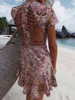 ZIMMERMANN TROPICALE LATTICE MINI DRESS PINK FLORAL | Size 0 AU 8 for rent on The Volte - image 7