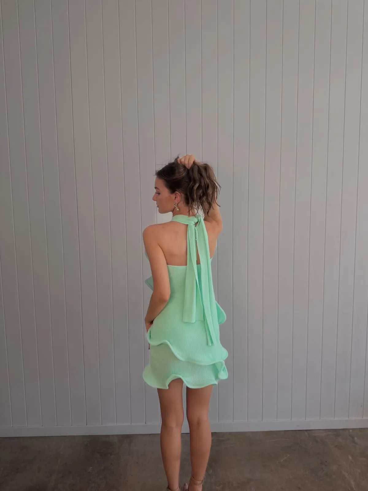 Meshki Caprice Halter Knit Mini Dress Lagoon Size Small - Image 3