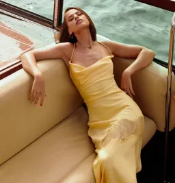 Meshki Chandra Lace Satin Maxi Dress Lemon Size 8 for rent on The Volte - image 1