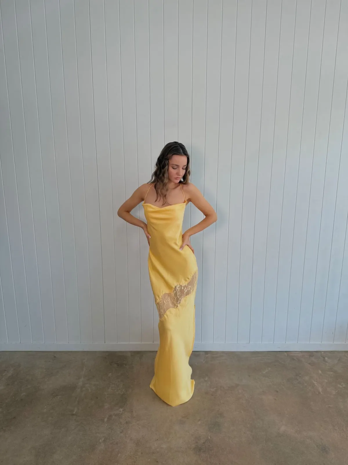 Meshki Chandra Lace Satin Maxi Dress Lemon Size 8 - Image 4