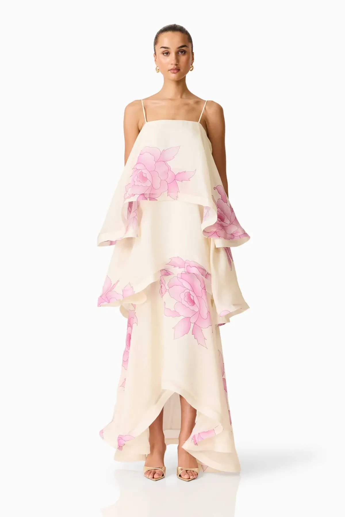 ELLIATT Rova Tiered Gown in Cream & Pink Floral - Image 1