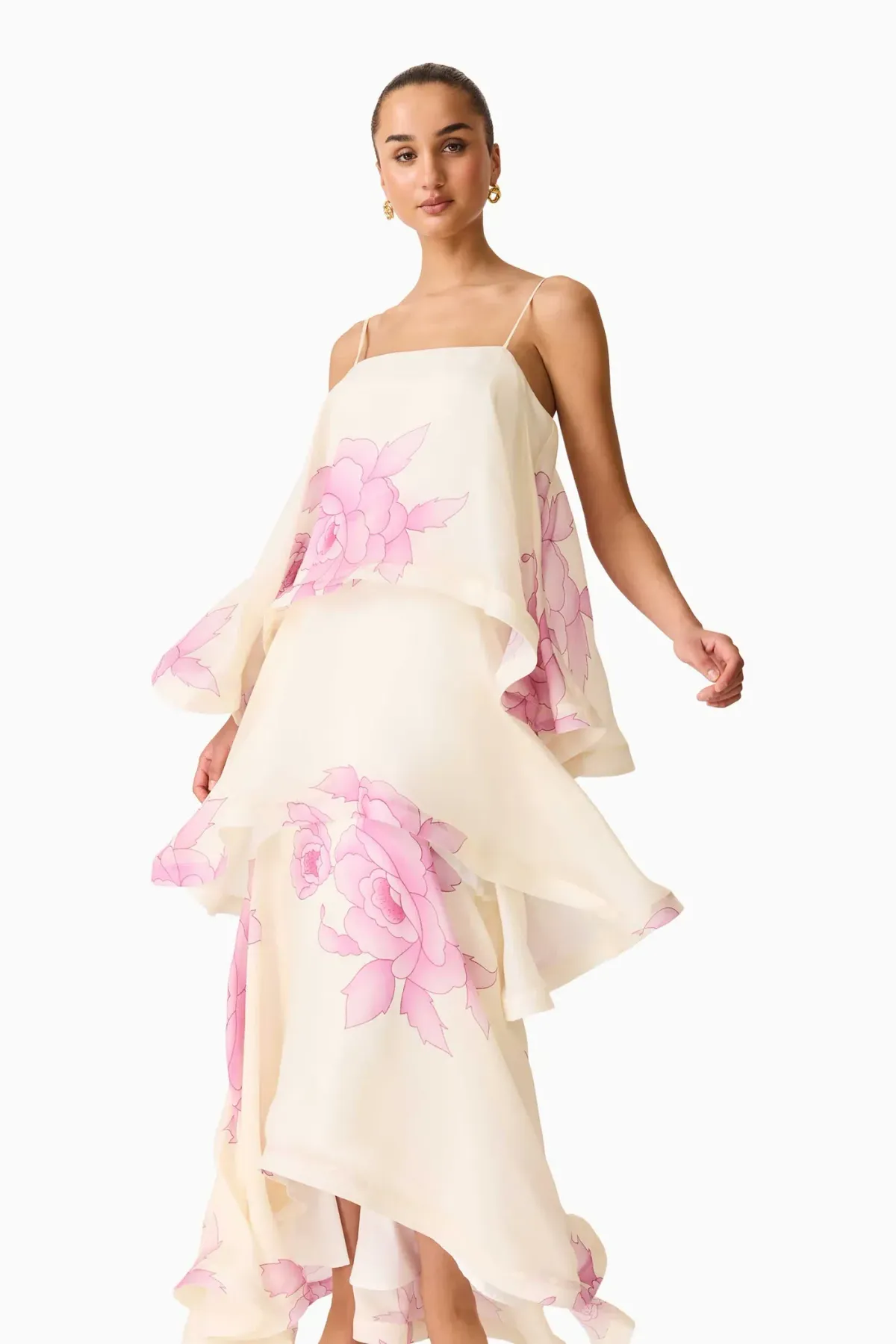 ELLIATT Rova Tiered Gown in Cream & Pink Floral - Image 3