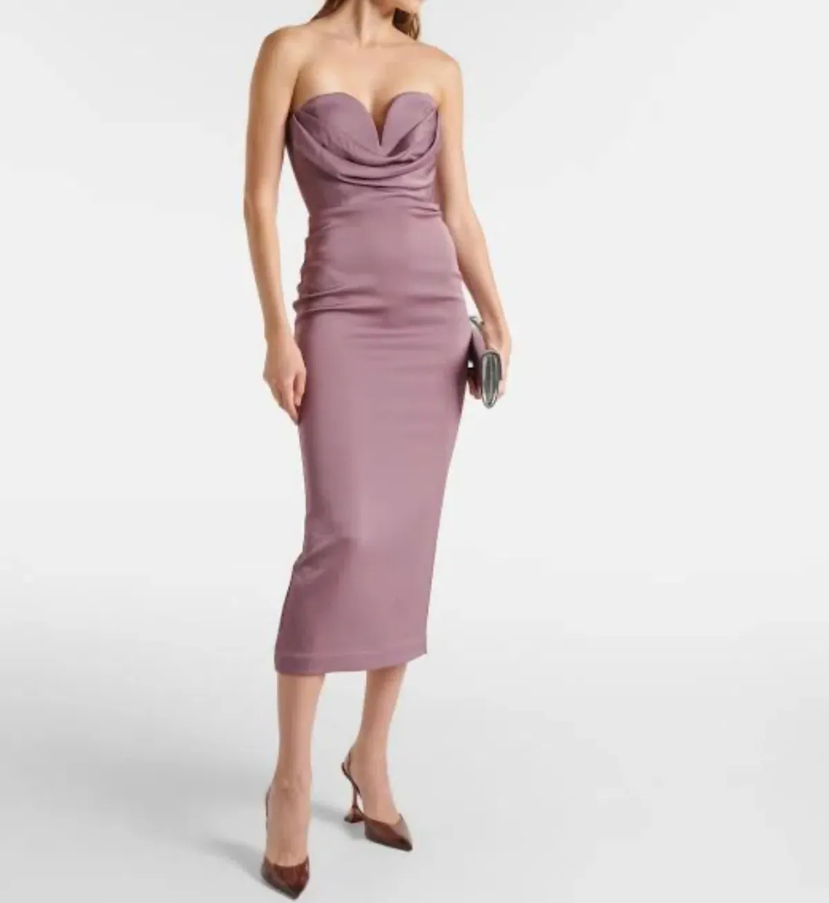 ALEX PERRY Strapless Draped Satin-Crepe Midi Dress Bridesmaid Dress in Purple AU 6  - Image 3