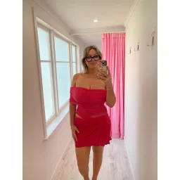 BENNI NICO OFF SHOULDER MINI DRESS IN WATERMELON SIZE 14 for rent on The Volte - image 1