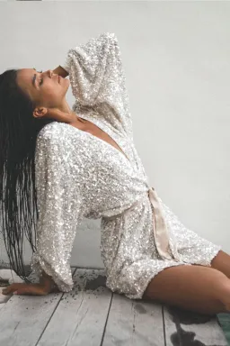 Winona Quinta Mini Wrap Dress Silver Sequin Size AU 8 / S for rent on The Volte - image 4