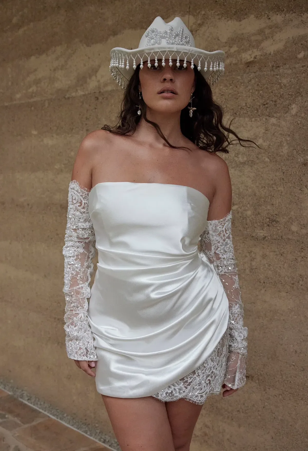 GRACE LOVES LACE SATEEN STRAPLESS MINI WEDDING DRESS IN L (FITS AU 12-14 ) | RECEPTION, HEN'S & BACHELORETTE PARTY DRESS - Image 1