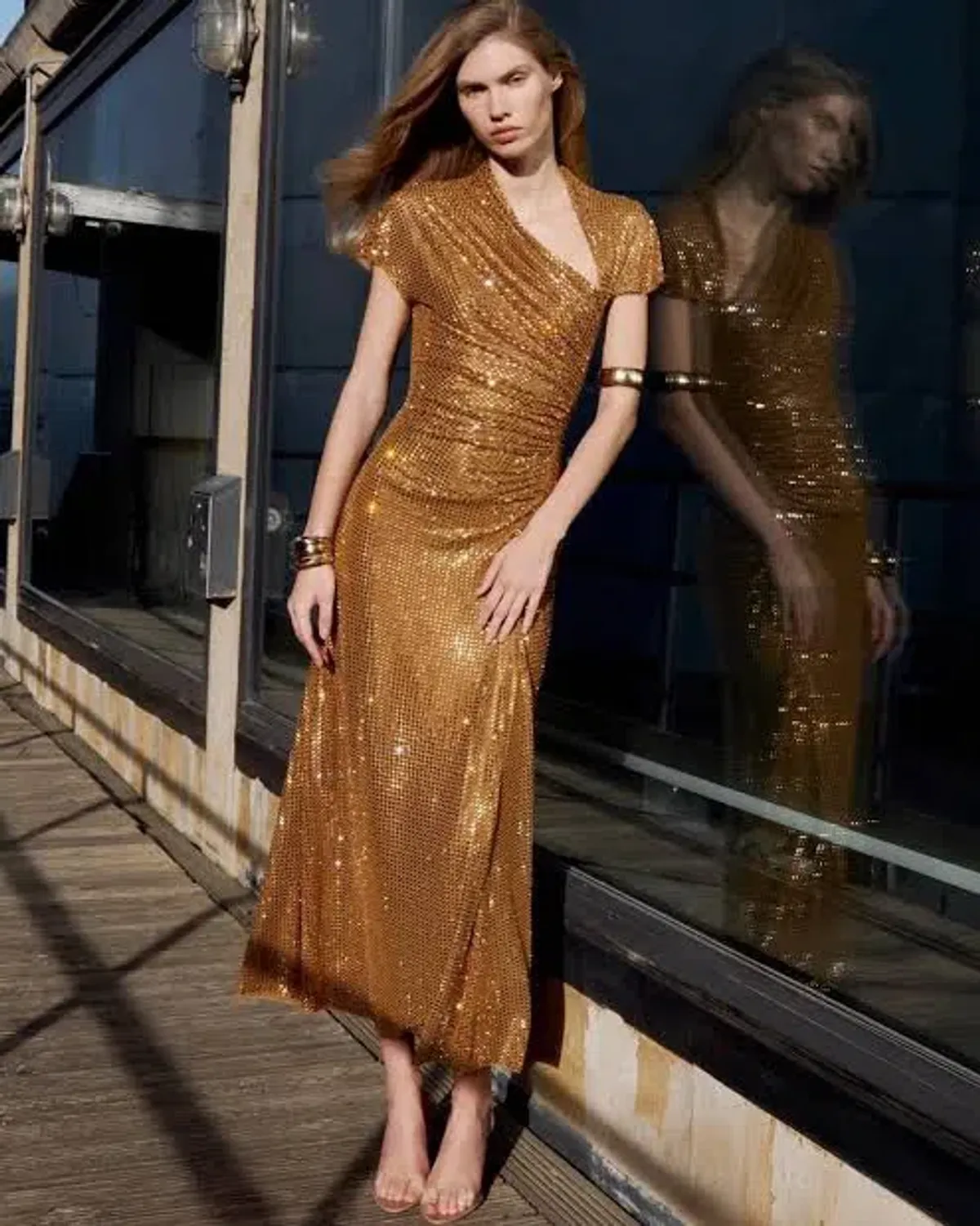 SELF PORTRAIT GOLD RHINESTONE DRAPE MIDI DRESS in Gold UK 4 - Fits AU 6 - Image 7