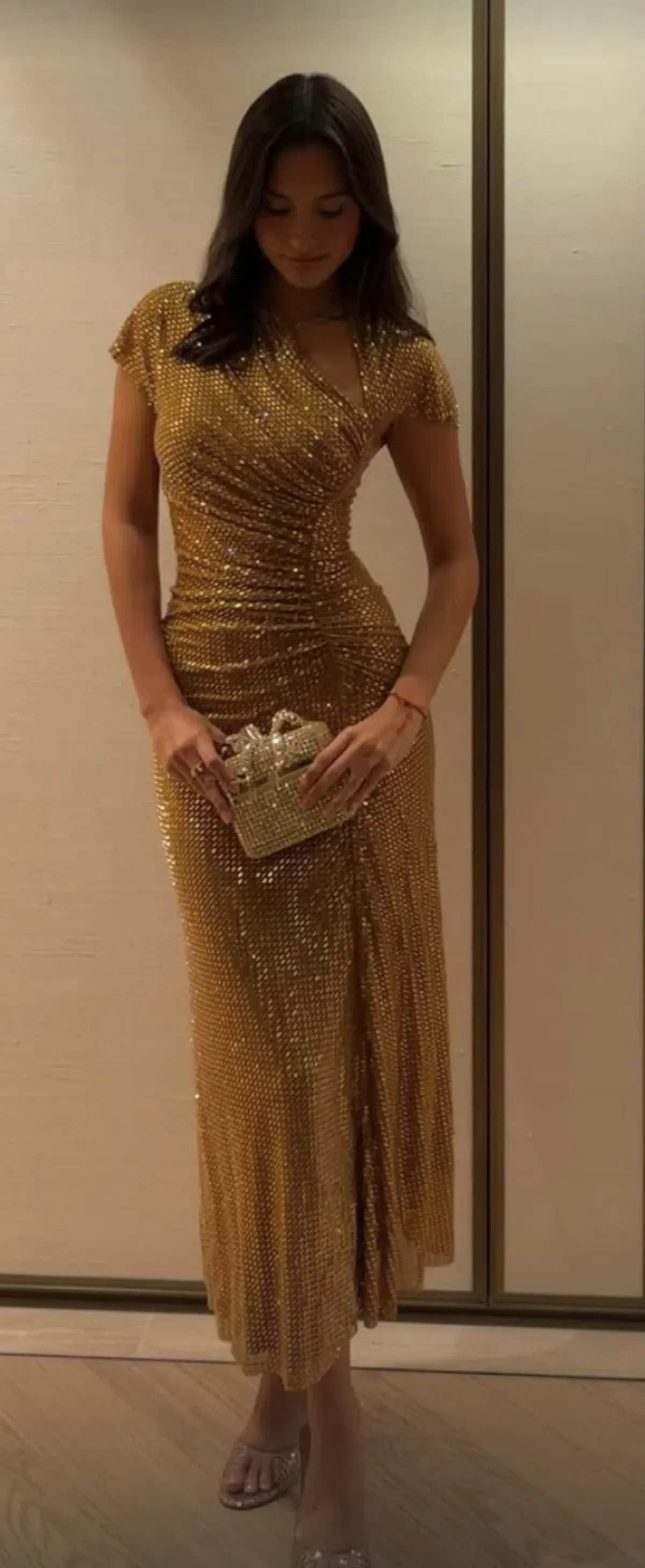 SELF PORTRAIT GOLD RHINESTONE DRAPE MIDI DRESS in Gold UK 4 - Fits AU 6 - Image 6