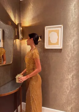 SELF PORTRAIT GOLD RHINESTONE DRAPE MIDI DRESS in Gold UK 4 - Fits AU 6 for rent on The Volte - image 2