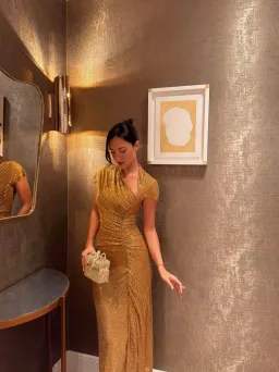 SELF PORTRAIT GOLD RHINESTONE DRAPE MIDI DRESS in Gold UK 4 - Fits AU 6 for rent on The Volte - image 1