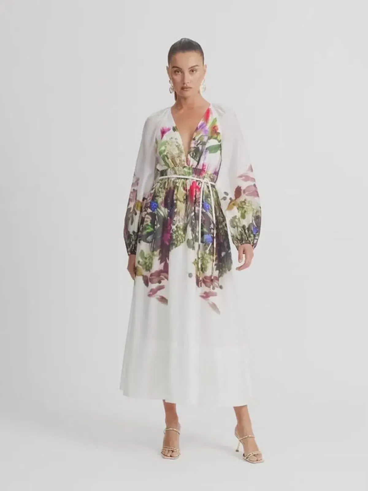 Sheike Impression Maxi Dress Size AU 16 / US 12 Tencel Linen Floral Print Long Sleeve Gown - Image 1