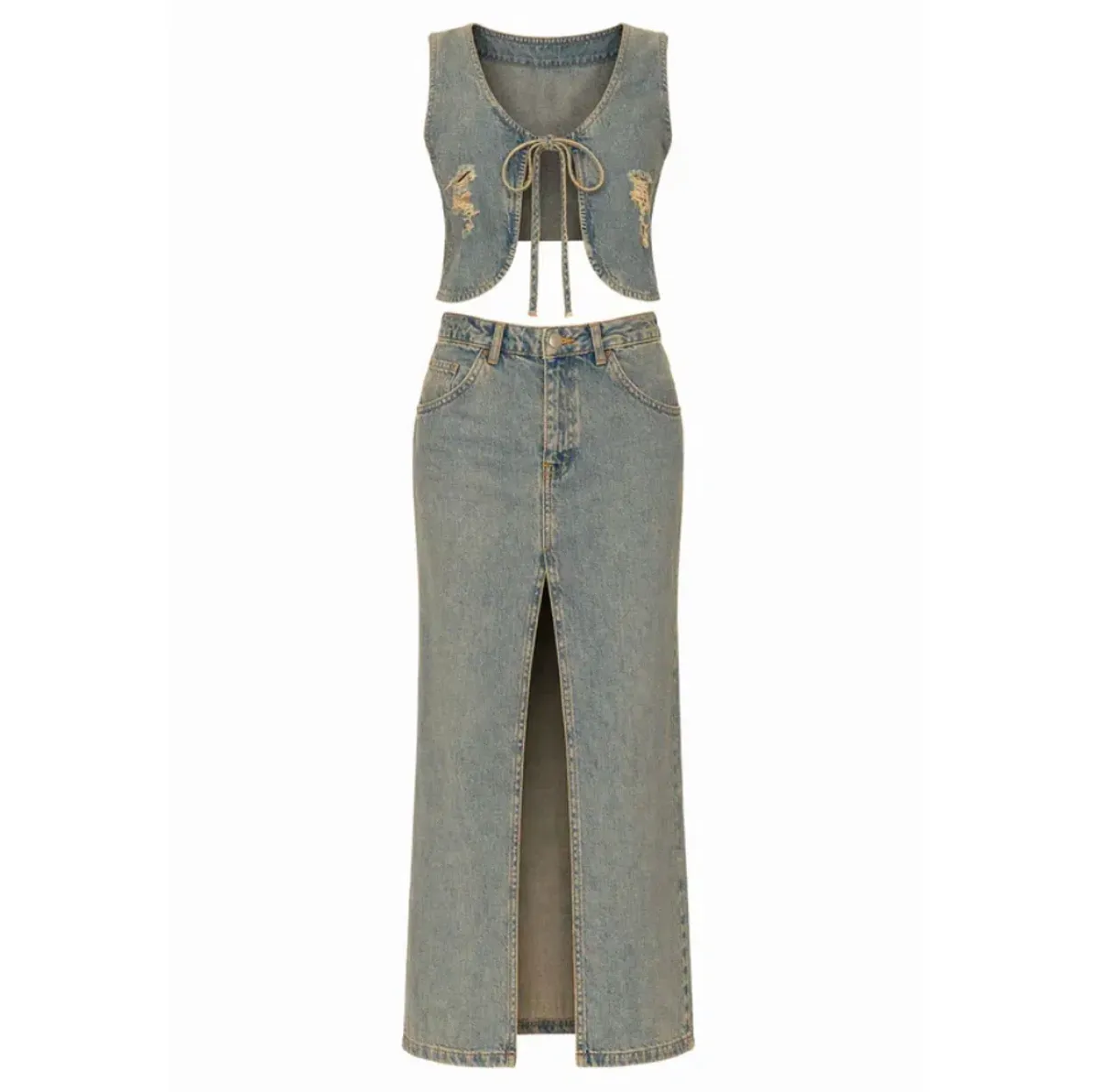 Miaou Chani Top & Rowan Skirt Set Green Acid Denim - Image 2