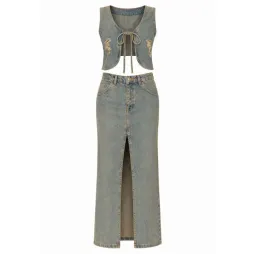 Miaou Chani Top & Rowan Skirt Set Green Acid Denim for rent on The Volte - image 2