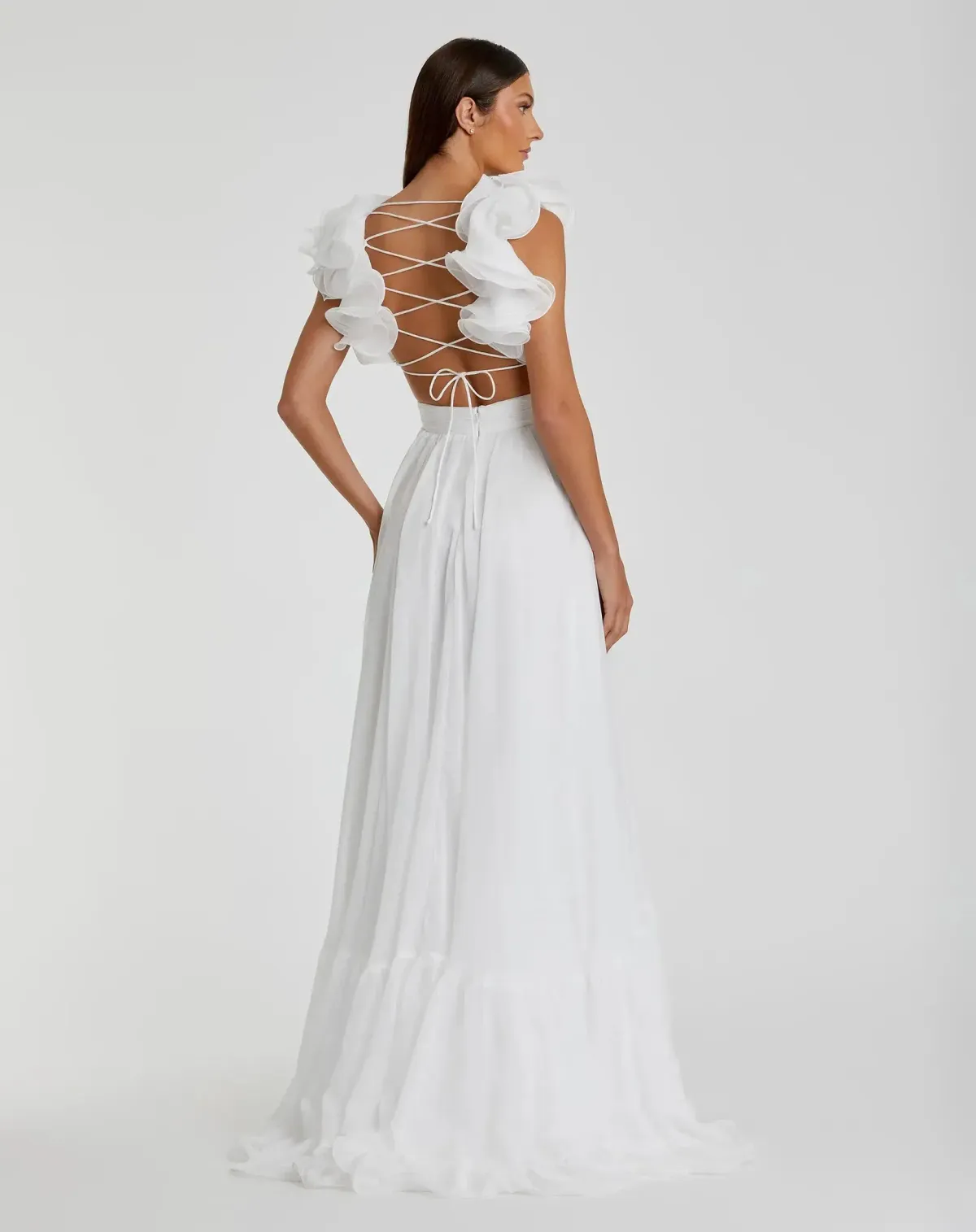 MAC DUGGAL - White Ruffle Tiered Cut-Out Chiffon Gown: Size US 4 / Au 8 - Image 3