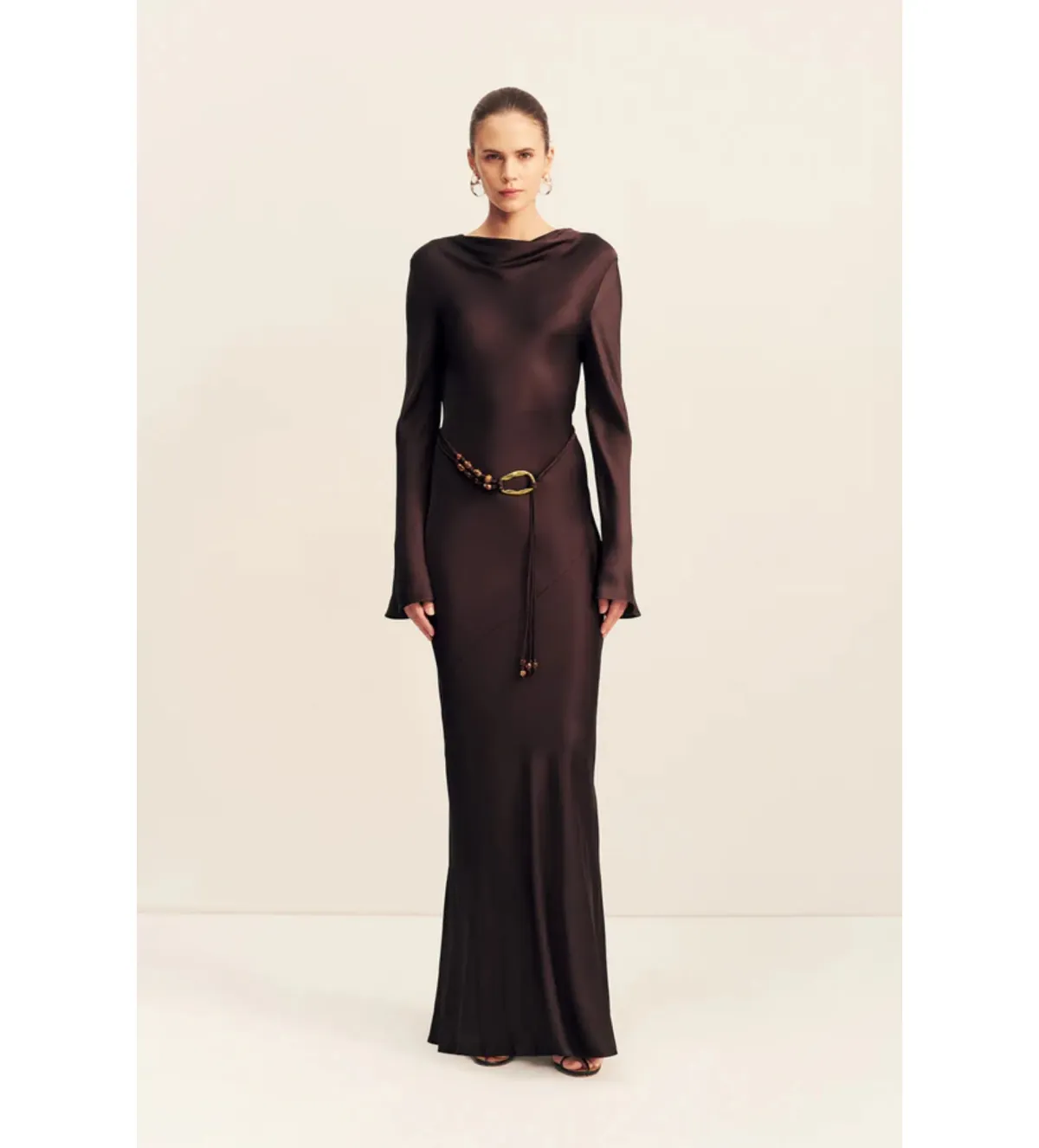 Shona Joy Agnes Long Sleeves Maxi Dress With Belt in Espresso Size AU10 - Image 1