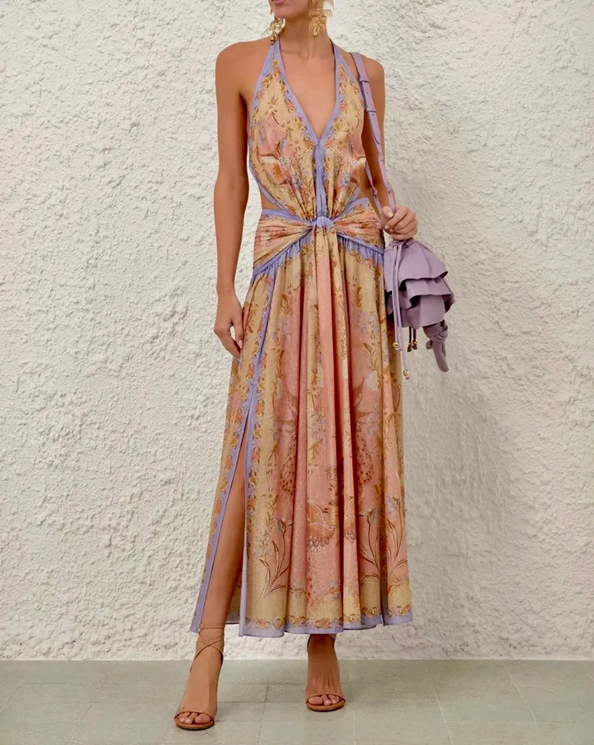Zimmermann Indra Plunge Halter Maxi Dress Pink Scarf Floral s0 - Image 1