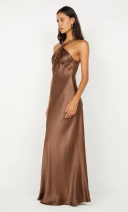 🤎 BEC and BRIDGE Elisia Twist Satin Maxi Dress – Milk Chocolate Brown – Size AU 10 🤎 for rent on The Volte - image 1