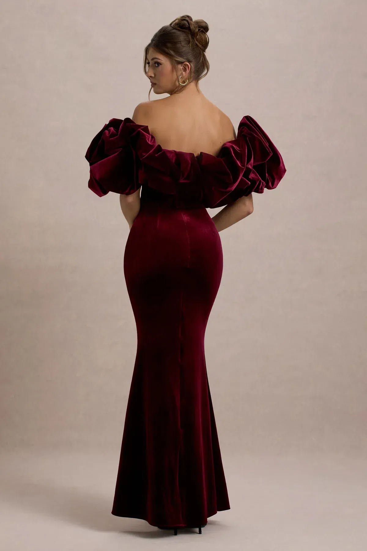 Club L London Port Velvet Bardot Maxi Dress With Velvet Ruffle Trim - Image 2