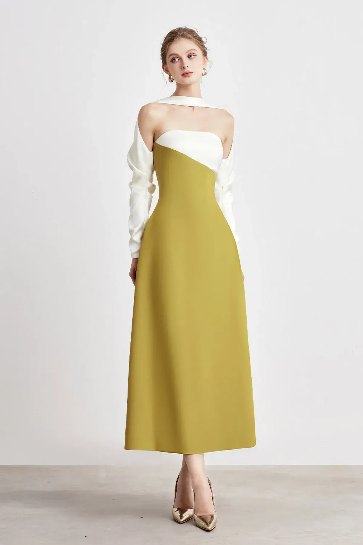 DENIO Princesa Scarf Midi Dress White / Mustard Size Small - Image 1