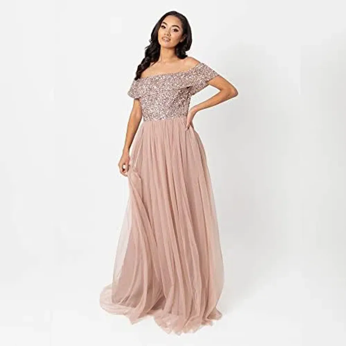 ASOS Maya Bardot Tulle Maxi Dress in Taupe Blush Size 8 - Image 3