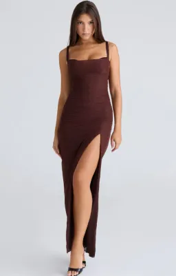 House of CB Lini burgundy stretch mesh maxi dress Regular Cup Size XS for rent on The Volte - image 1