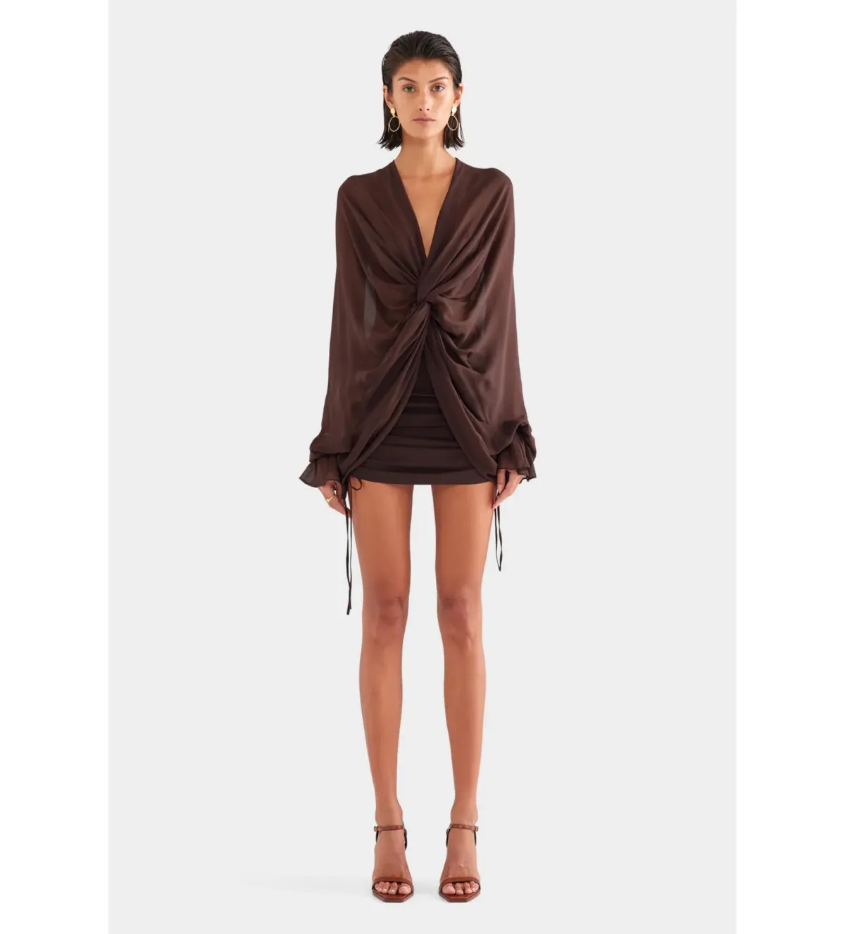 Venroy Twisted Bodice Silk Mini Dress Dark Chocolate Size S/AU 8 - Image 1