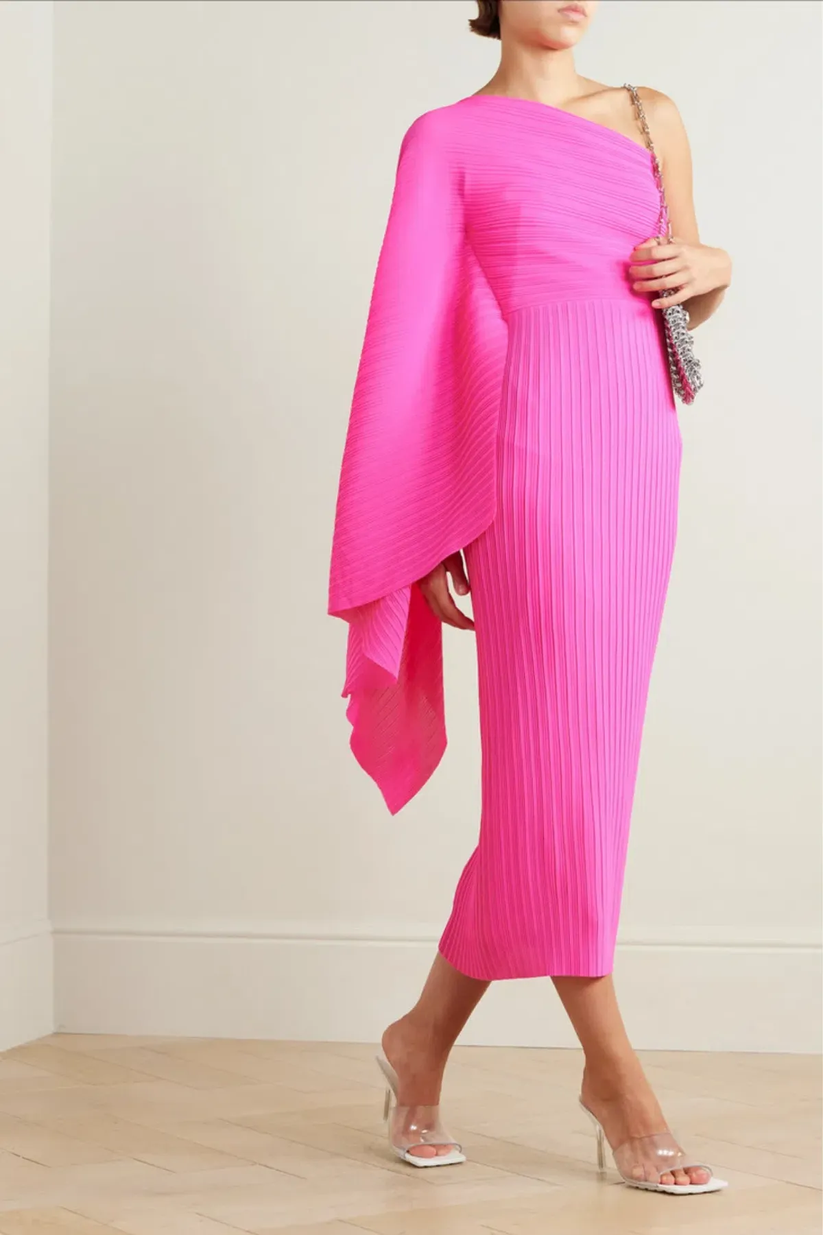 Solace London Lenna one sleeve draped plisse-chiffon midi dress pink, size 12 - Image 2