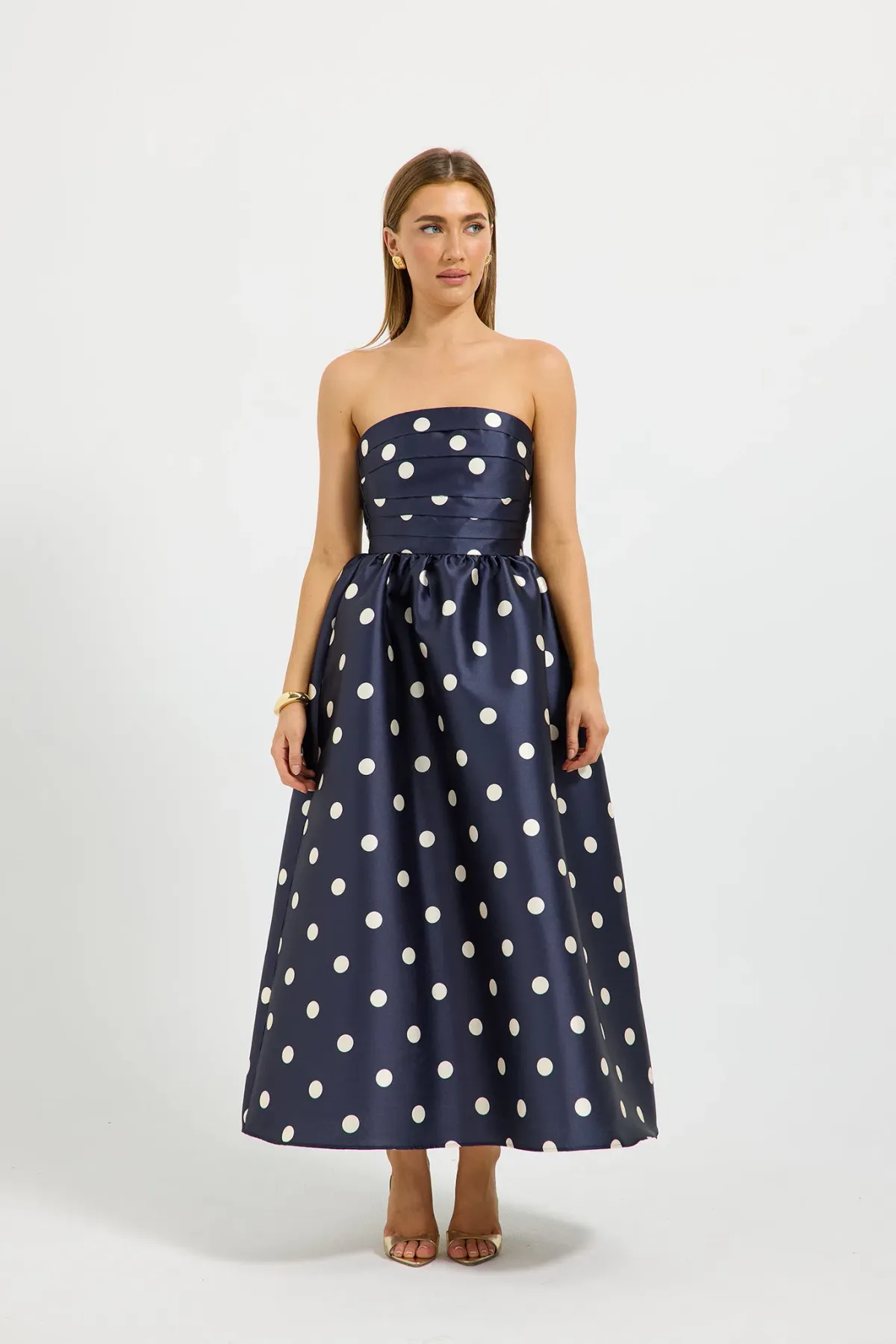 Pasduchas Dottie Strapless Midi Dress in Navy/Cream Size AU 14 - Image 2