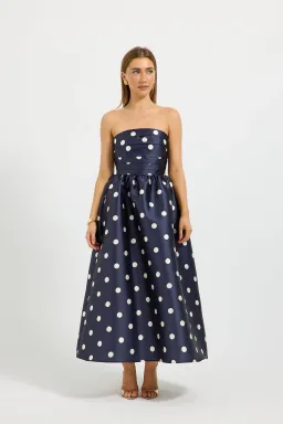 Pasduchas Dottie Strapless Midi Dress in Navy/Cream Size AU 14 for rent on The Volte - image 2