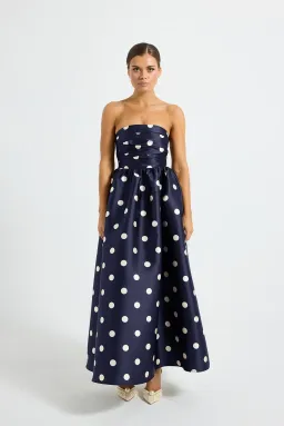 Pasduchas Dottie Strapless Midi Dress in Navy/Cream Size AU 14 for rent on The Volte - image 1