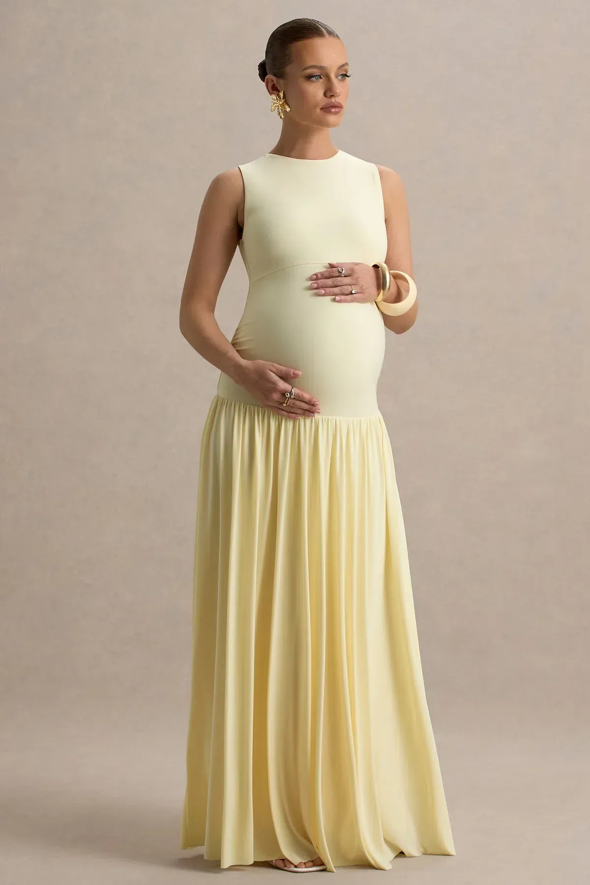 Club L London Outline Lemon Crew-Neck Maternity Maxi Dress with Pleated Skirt - Image 1