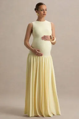 Club L London Outline Lemon Crew-Neck Maternity Maxi Dress with Pleated Skirt for rent on The Volte - image 1