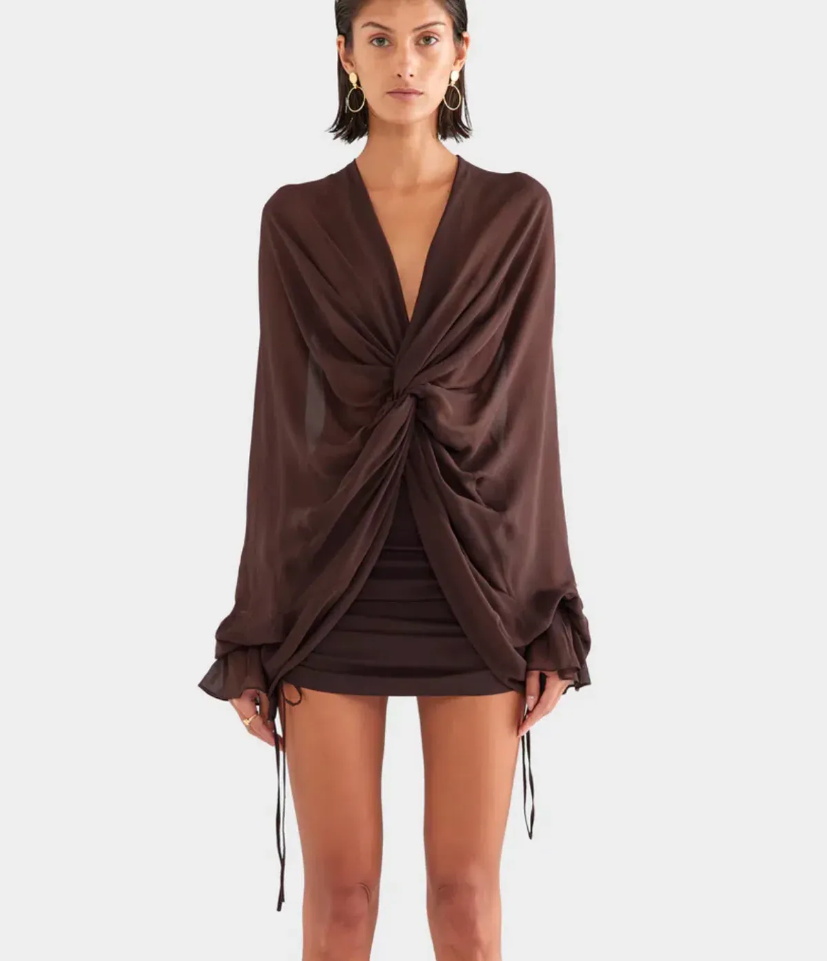 Venroy Twisted Bodice Silk Mini Dress in Dark Chocolate Brown Size L / AU 12 - Image 3