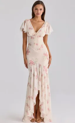 House of CB Amina ivory vintage rose print georgette maxi tea dress Size S for rent on The Volte - image 1
