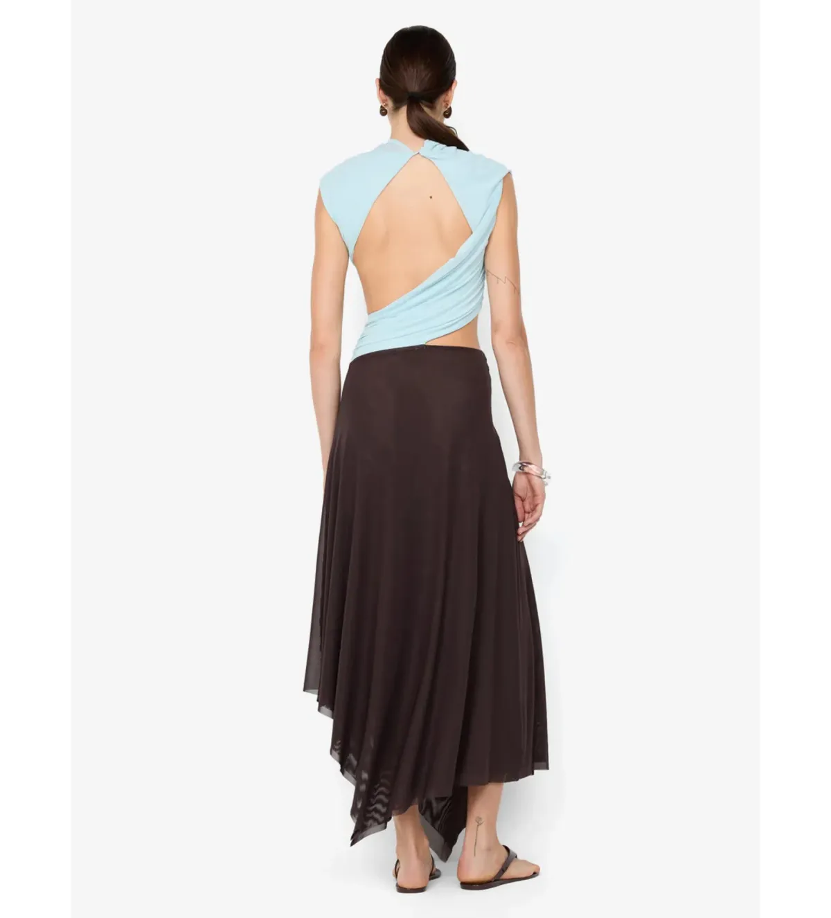 Bec & Bridge Conni Asym Midi Dress in Arctic Blue/ Dark Choc Size AU6 - Image 3
