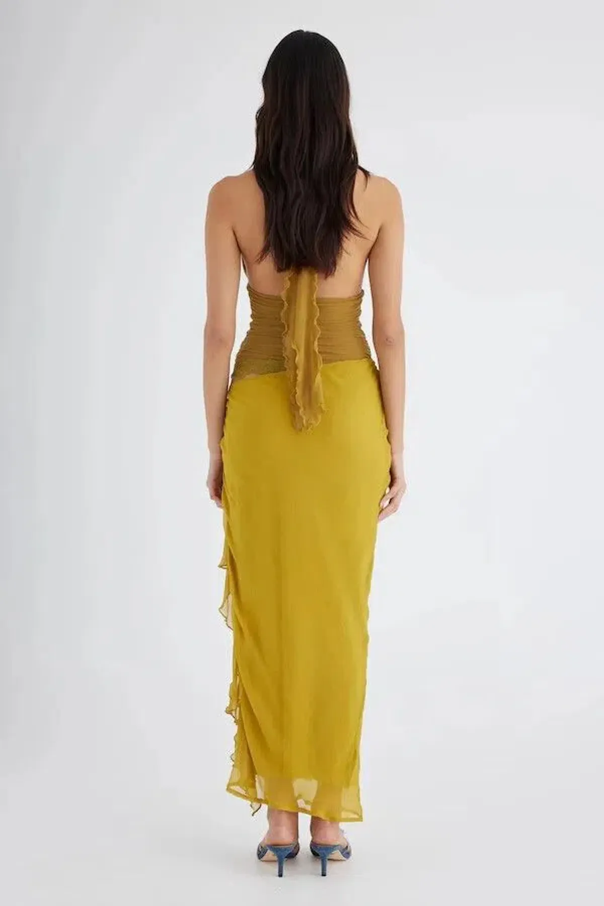 BENNI Penelope Halter Maxi Dress Gown In Wasabi | Size AU 14 - Image 3