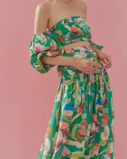 Alemais Arlo Puff Sleeve Crop Top & Midi Skirt Set Green Multi Size 12 for rent on The Volte - image 1
