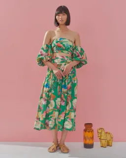 Alemais Arlo Puff Sleeve Crop Top & Midi Skirt Set Green Multi Size 12 for rent on The Volte - image 4