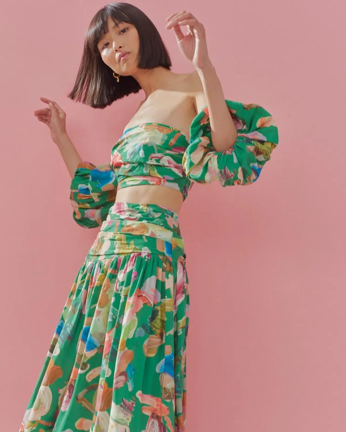 Alemais Arlo Puff Sleeve Crop Top & Midi Skirt Set Green Multi Size 12 - Image 3