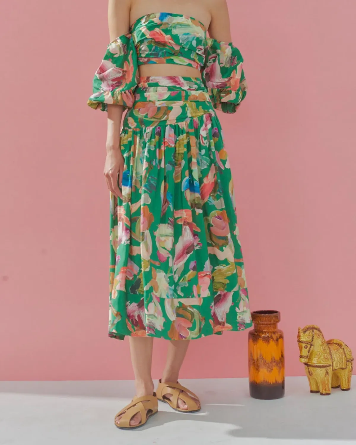 Alemais Arlo Puff Sleeve Crop Top & Midi Skirt Set Green Multi Size 12 - Image 2