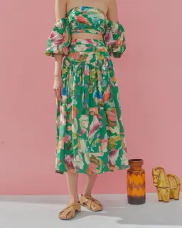 Alemais Arlo Puff Sleeve Crop Top & Midi Skirt Set Green Multi Size 12 for rent on The Volte - image 2