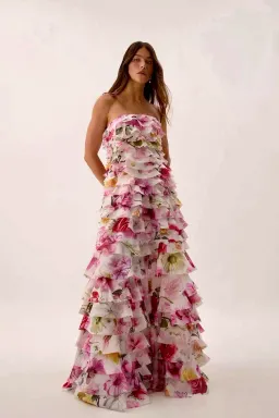 🌸 AJE Fleur Pleated Ruffle Gown – Collage Floral Pink Maxi Dress – Size 10 AU 🌸 for rent on The Volte - image 1