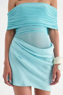 BENNI NICO OFF SHOULDER MINI DRESS IN AQUAMARINE SIZE 10 for rent on The Volte - image 2