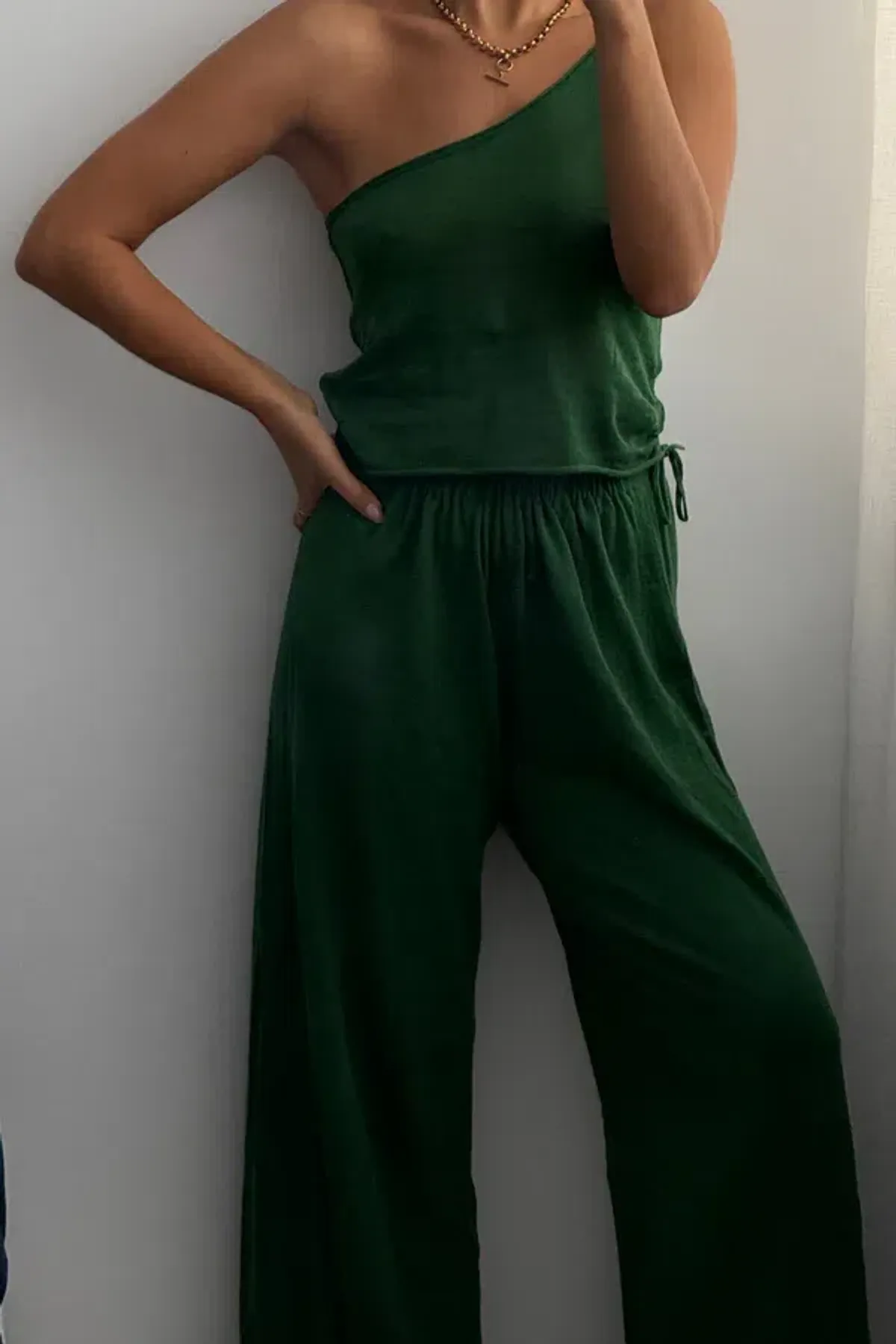 RIB HEMP JERSEY SKIRT & ONE SHOULDER TOP - TALLOW GREEN - Image 1